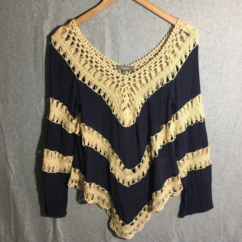 Womens Umgee Blouse Crochet Sheer Panelling Festival Cottage Core Fairy